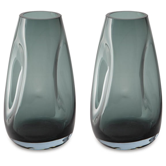 Signature Design by Ashley Beamund Teal Blue Glass Decorative Vase Set of 2 - Medium 9" Indoor/Outdoor Fluted Accent Pieces