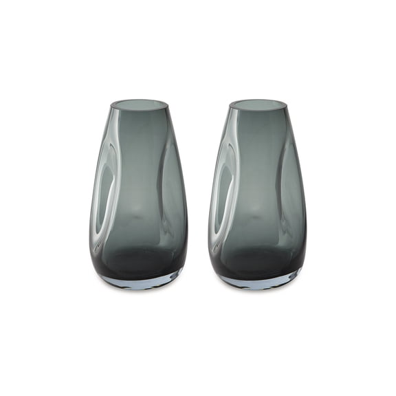 Signature Design by Ashley Beamund Teal Blue Glass Decorative Vase Set of 2 - Medium 9" Indoor/Outdoor Fluted Accent Pieces