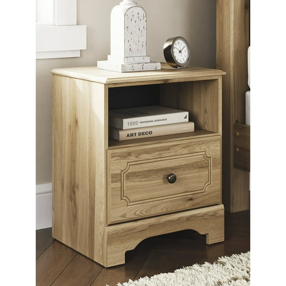 Signature Design by Ashley Bestmere One Drawer Nightstand - Warm Brown Oak Grain Finish, USB-A & USB-C Charging, Open Shelf Storage