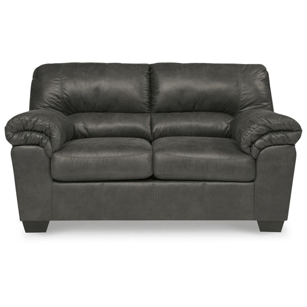 Traditional Slate Gray Faux Leather Loveseat with Plush Pillows