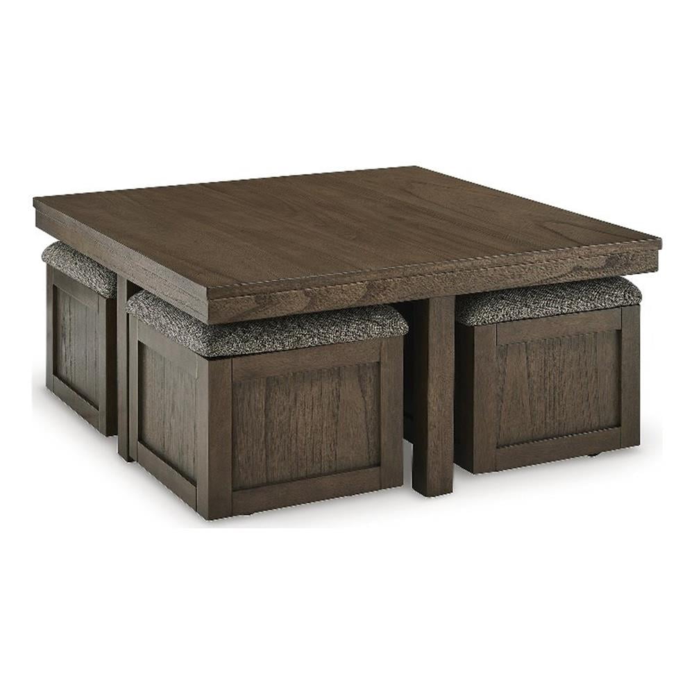 Brown Hardwood Coffee Table with 4 Upholstered Stools