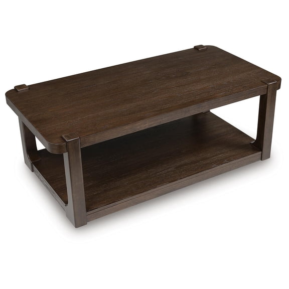 Signature Design by Ashley Breckington Coffee Table - Dark Brown Wood Finish with Rolling Casters, Lower Shelf Storage