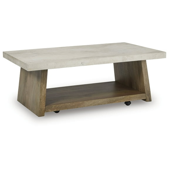 Signature Design by Ashley Brendalhouse Coffee Table - Light Brown Wood with Faux Cement Top, Rolling Casters, Bottom Shelf Storage