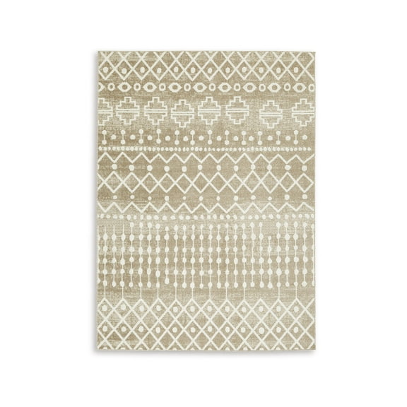 Signature Design by Ashley Bunchly Casual 5' x 7' Machine Woven Tribal Geometric Pattern Medium Area Rug, Low Pile, Tan, Brown & Cream