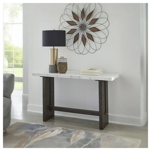 Signature Design by Ashley Burkhaus Sofa Table, Natural Marble Top, Dark Brown Oak Console for Living Room