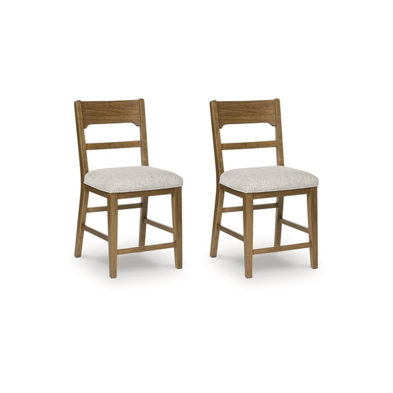 Signature Design by Ashley Cabalynn Counter Height Upholstered Barstools, Set of 2, Light Brown Frame with Cushioned Oatmeal Seat