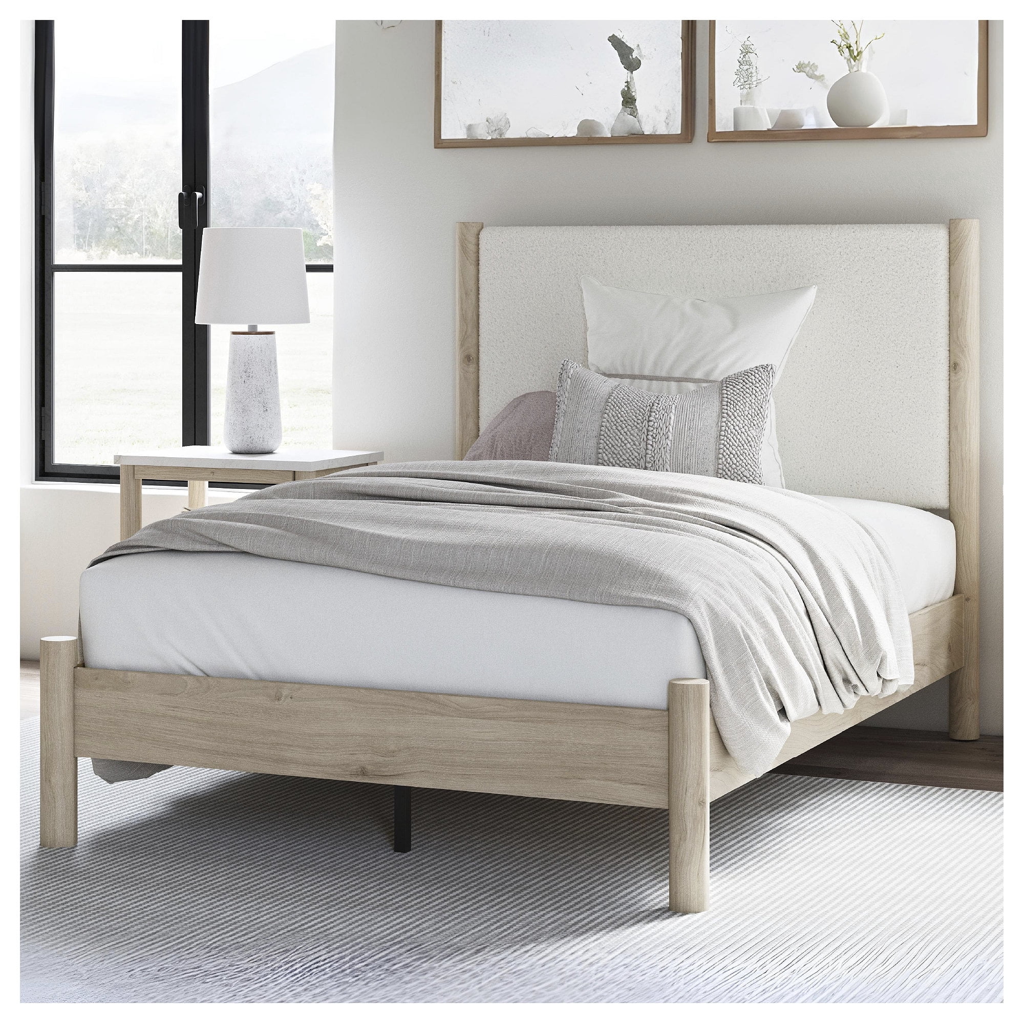 Signature Design by Ashley Cadmori Full Upholstered Panel Bed with Two-Tone Finish and Light Oak Details
