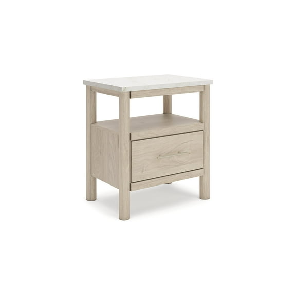 Signature Design by Ashley Cadmori One Drawer Nightstand Minimal Boho Style, Oak & Marble Look, USB-C & Wireless Charging, Ambient Lighting
