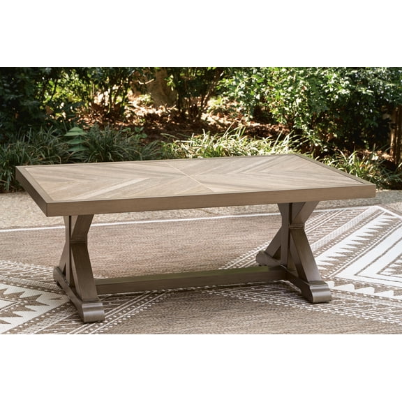Signature Design by Ashley Carmel Bay Outdoor Rectangular Coffee Table, Beige, Patio Cocktail Table with Porcelain Top