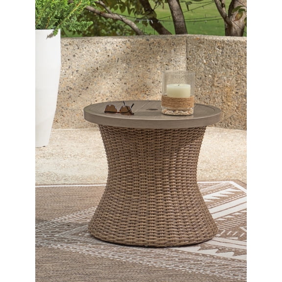 Signature Design by Ashley Carmel Bay Outdoor Round End Table with Umbrella Hole, Beige, Aluminum Patio Side Table