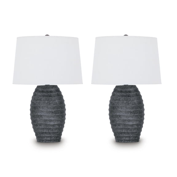 Signature Design by Ashley Caronick Table Lamp Set (2), Antique Silver Finish, Sculptural Polyresin Lamps with Oval Shades