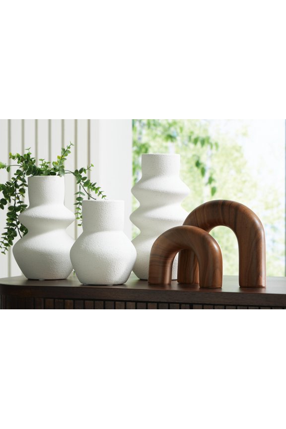 Carterworth 5-Piece Decorative Accessory Set, Modern Ceramic Vases and Sculptures, White and Faux Wood