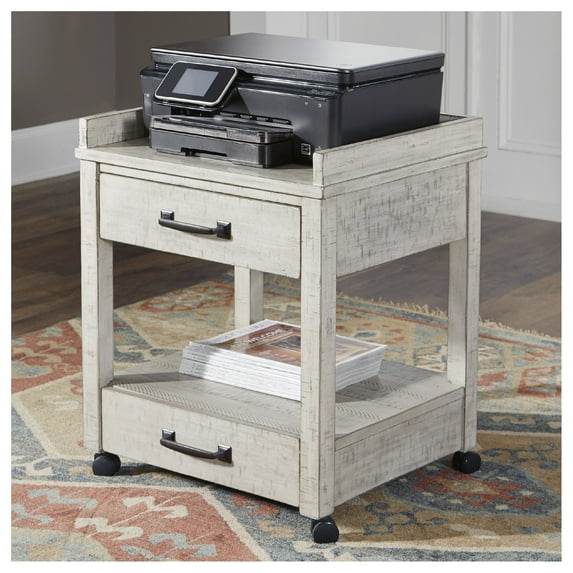 Signature Design by Ashley Carynhurst Printer Stand, Whitewash Modern Farmhouse Office Storage with USB Ports and Outlets