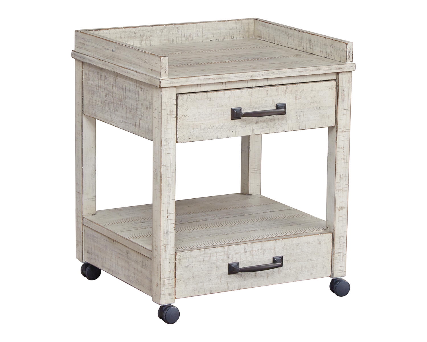 Whitewash Pine Wood Printer Stand with Casters and Drawers