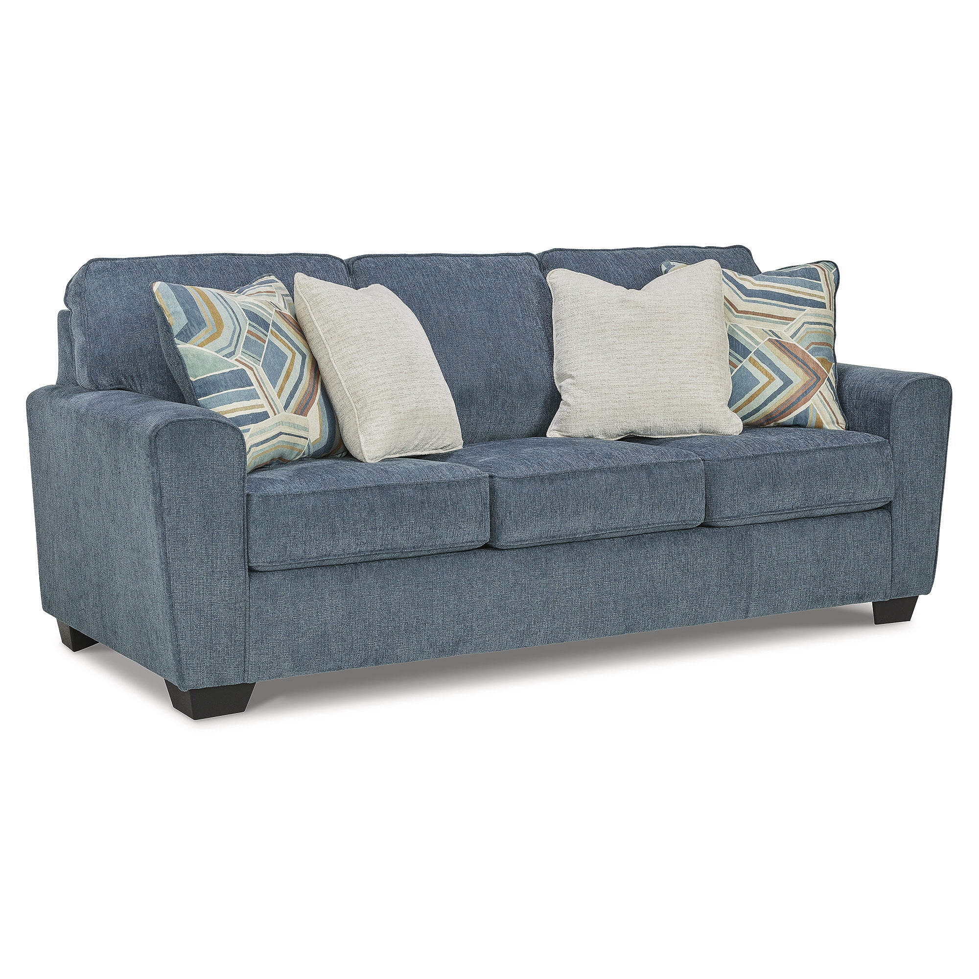 87" Blue Polyester Track Arm Sofa with Accent Pillows