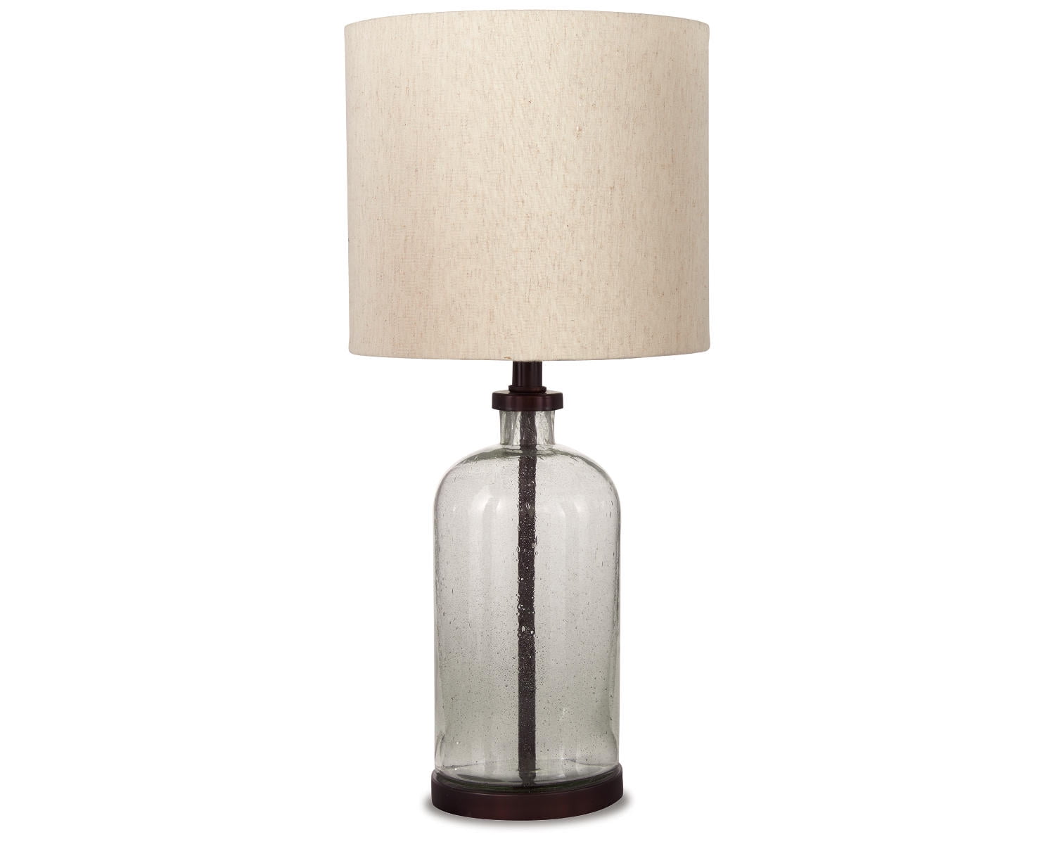 Bronze and Clear Glass Table Lamp with Beige Drum Shade