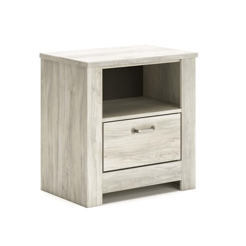 Signature Design by Ashley Bellaby One Drawer Nightstand  Farmhouse Style, Wispy White, USB Charging, Storage Cubby, Brushed Nickel Hardware