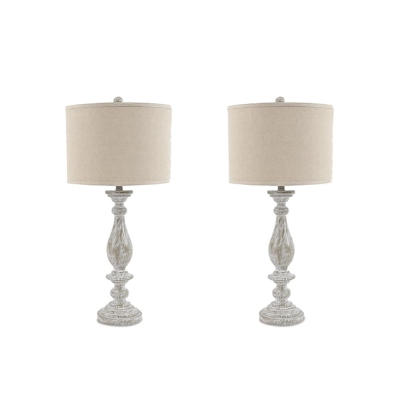 Signature Design by Ashley Bernadate Table Lamp Set (2), Whitewash, Farmhouse Candlestick Lamps with Drum Shades and 3-Way Switch