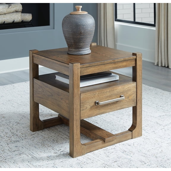 Signature Design by Ashley Cabalynn Square End Table, Light Brown, Farmhouse Accent Table with Drawer and Open Shelf