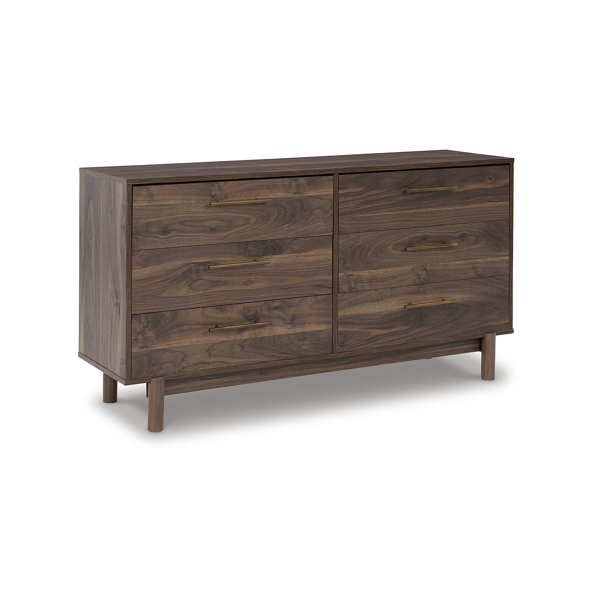 Dark Brown 6-Drawer Walnut Wood Dresser with Goldtone Handles