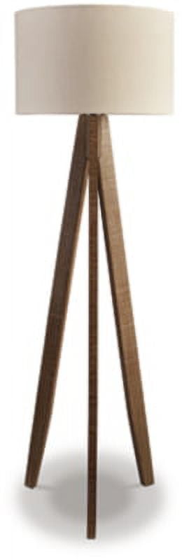Contemporary Brown Wood Tripod Floor Lamp with Drum Shade