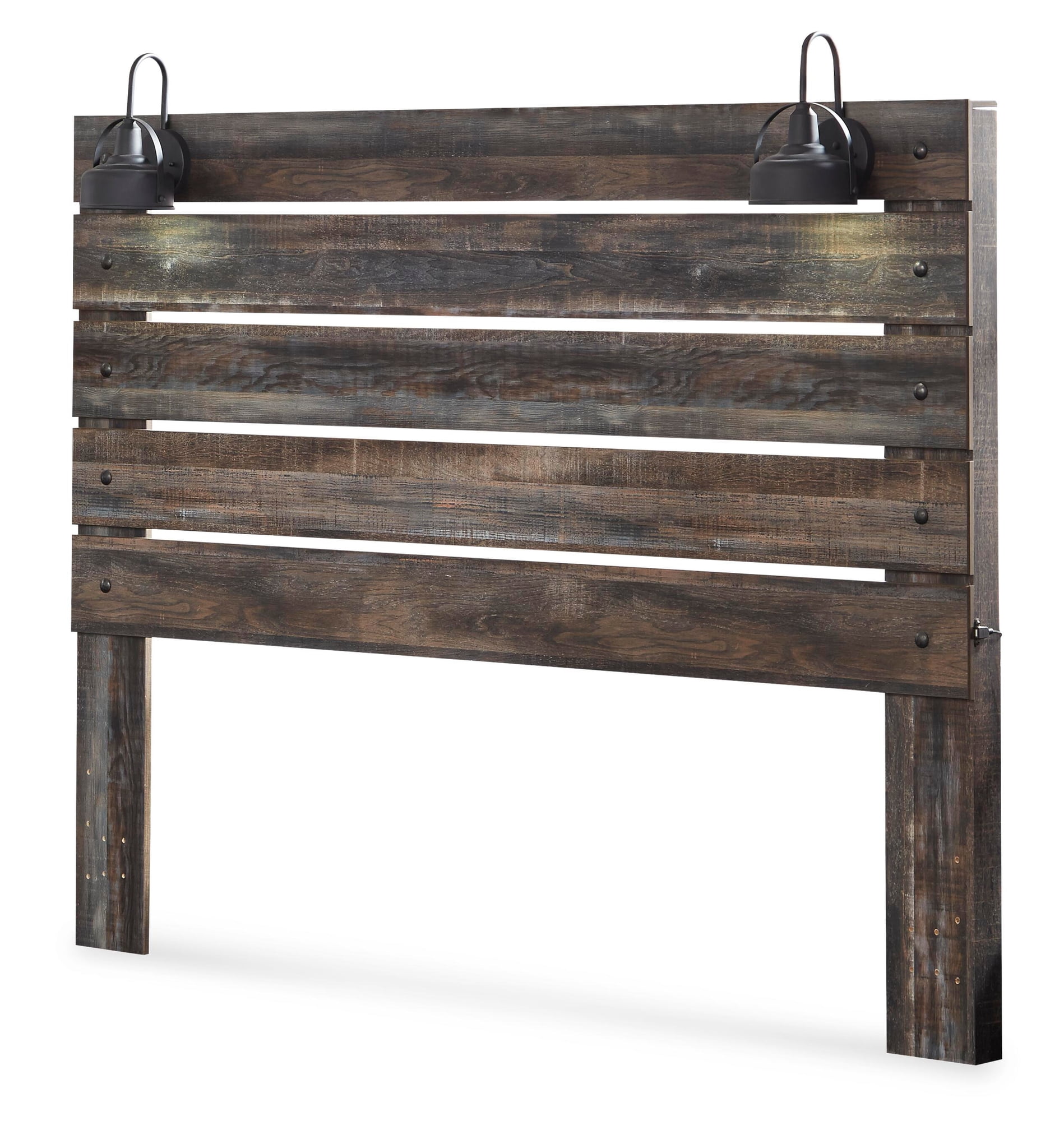Signature Design by Ashley Drystan King Panel Headboard, Rustic Brown, Industrial Farmhouse Headboard with LED Lights and USB Charging