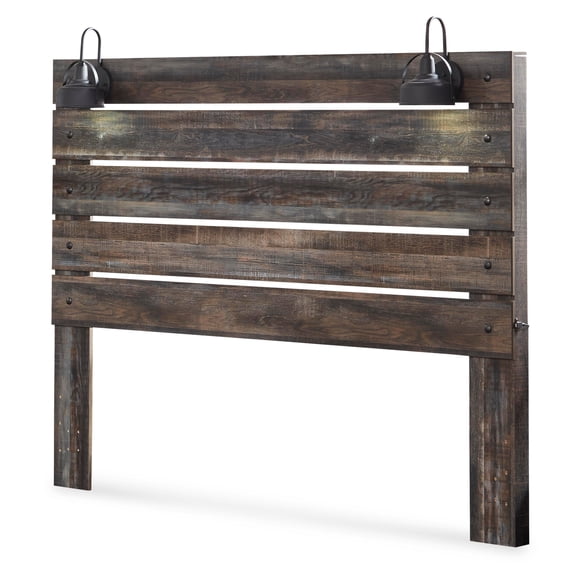 Signature Design by Ashley Drystan King Panel Headboard, Rustic Brown, Industrial Farmhouse Headboard with LED Lights and USB Charging