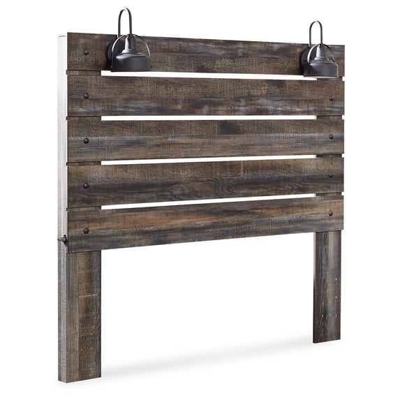 Signature Design by Ashley Drystan Queen Panel Headboard, Rustic Brown, Industrial Farmhouse Headboard with LED Lights and USB Charging