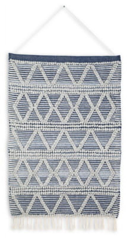 Boho Blue and Gray Diamond Woven Wall Hanging with Fringe