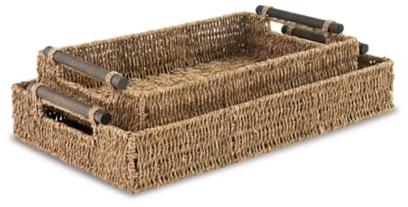 Beige Rectangular Seagrass Trays with Wood Handles, Set of 2