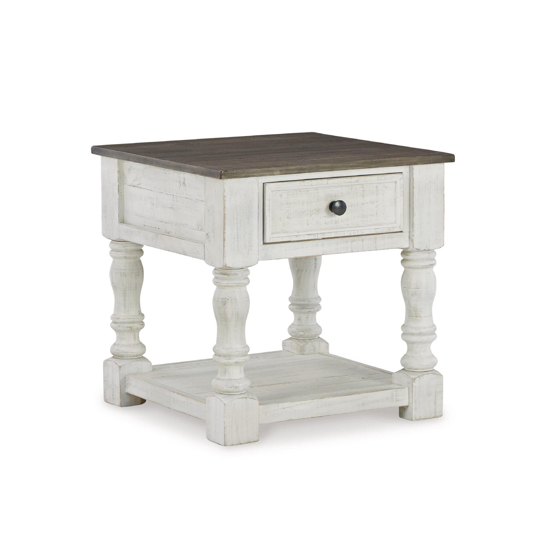 Signature Design by Ashley Havalance, White and Gray Distressed Two-Tone Farmhouse  End Table with 1 Drawer and Open Shelf