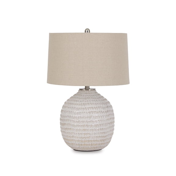 Signature Design by Ashley Jamon Ceramic Table Lamp, Beige, Textured Accent Lamp with Fabric Drum Shade and 3-Way Switch