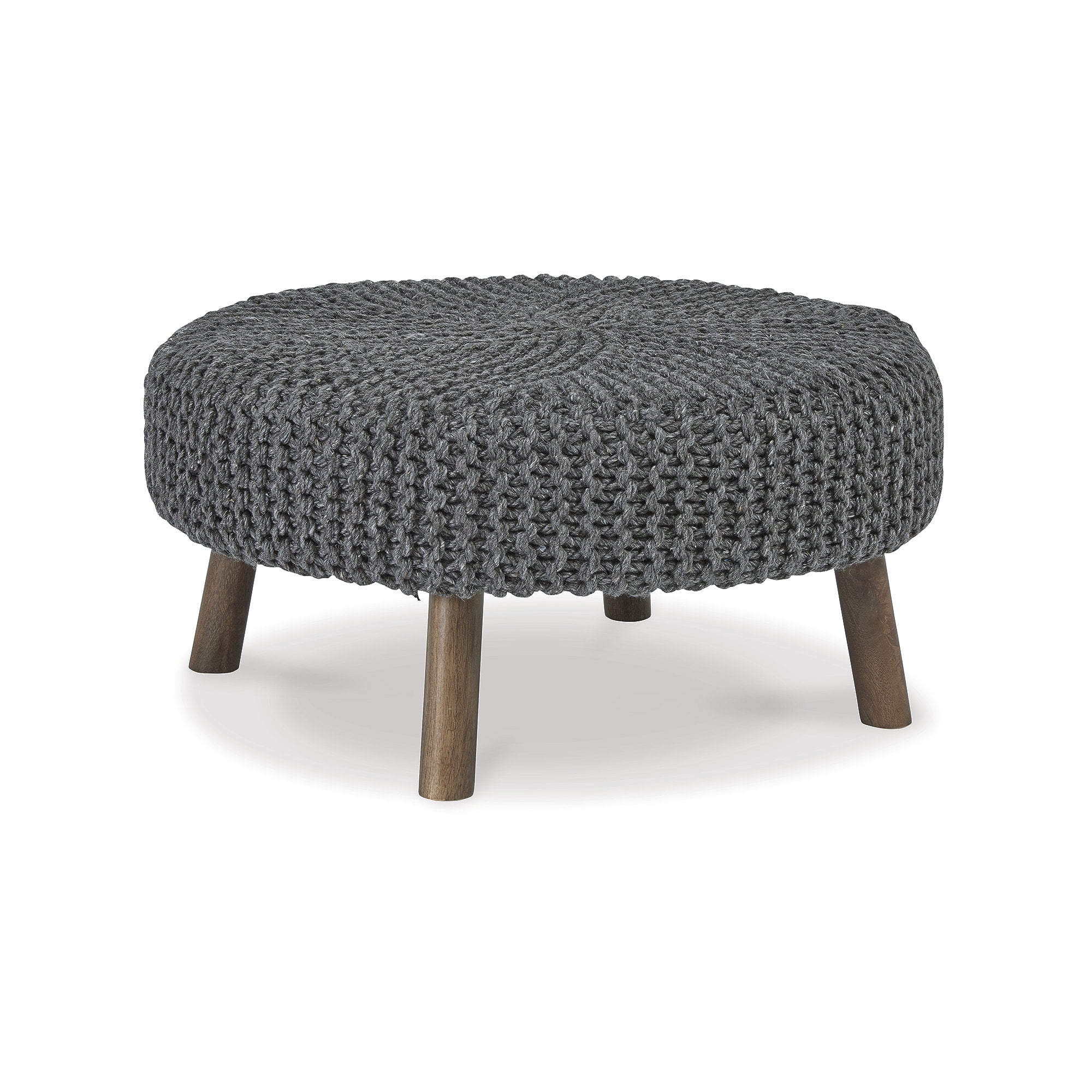 Charcoal Gray Hand-Knitted Round Accent Ottoman