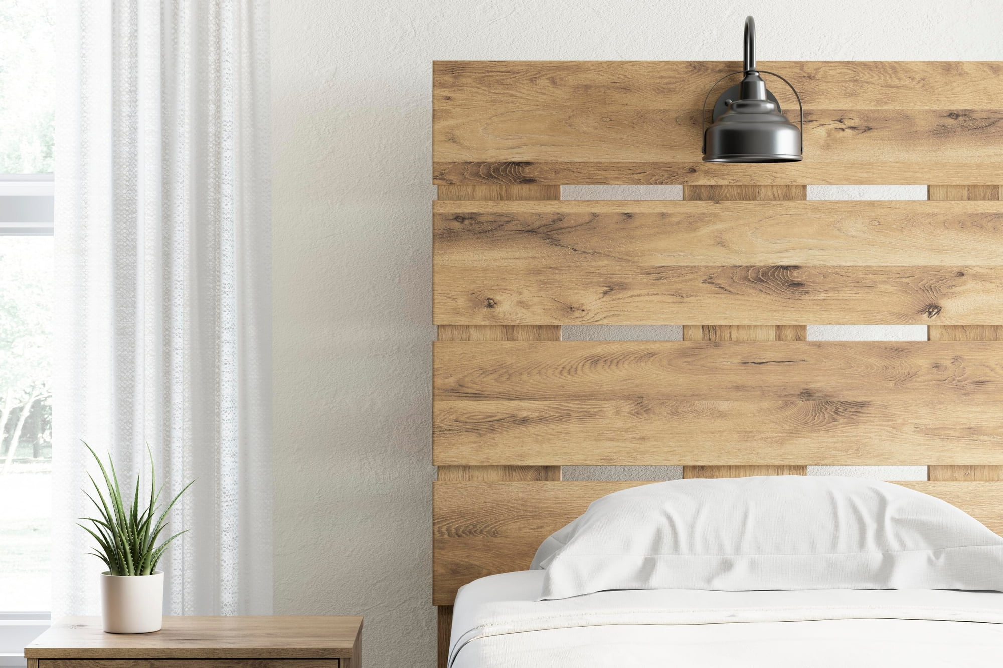 Signature Design by Ashley Larstin Twin Panel Headboard, Tan Brown, Rustic Wood-Look Headboard with Slatted Design
