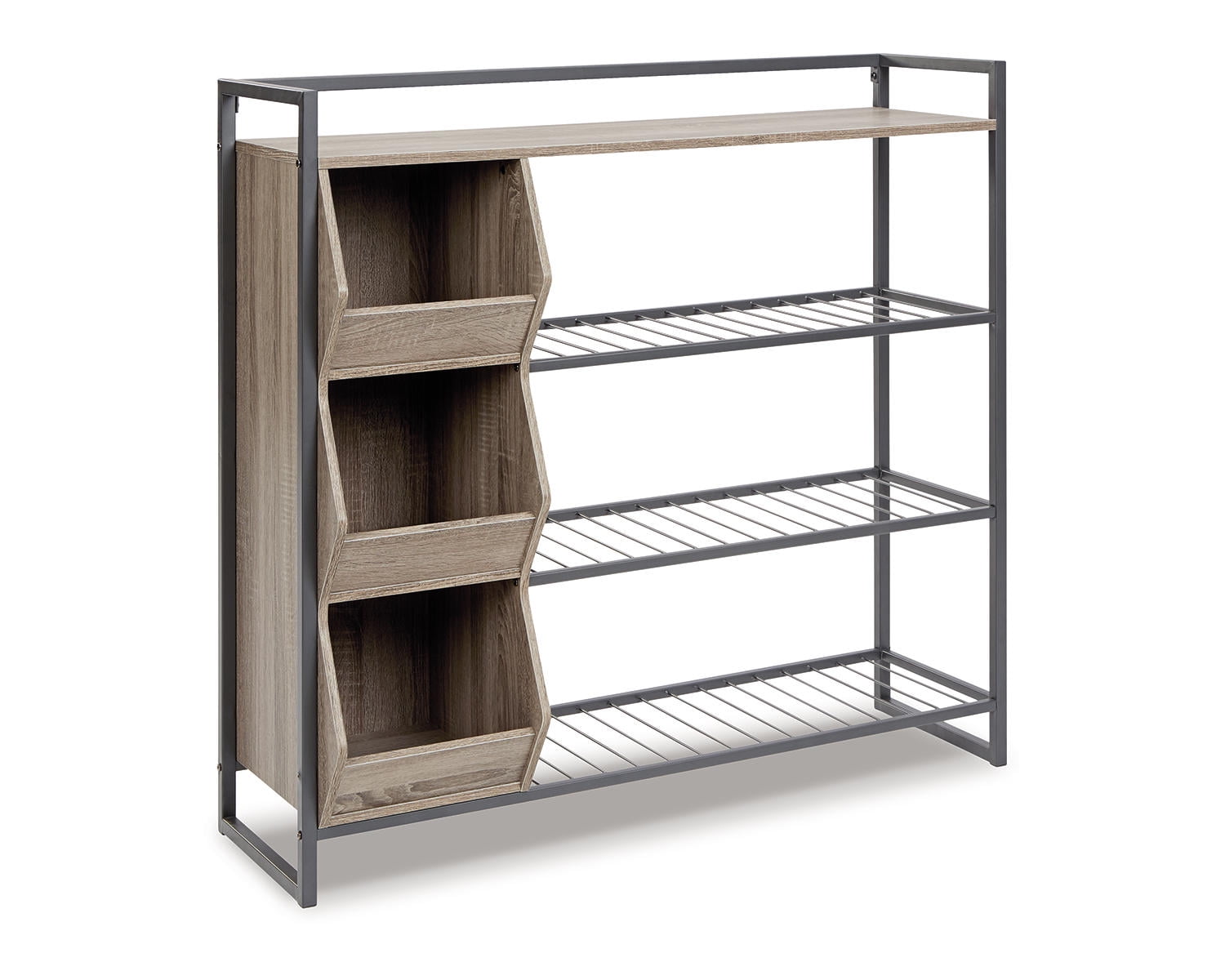 Transitional Black and Brown Metal Shoe Rack with Cubbies