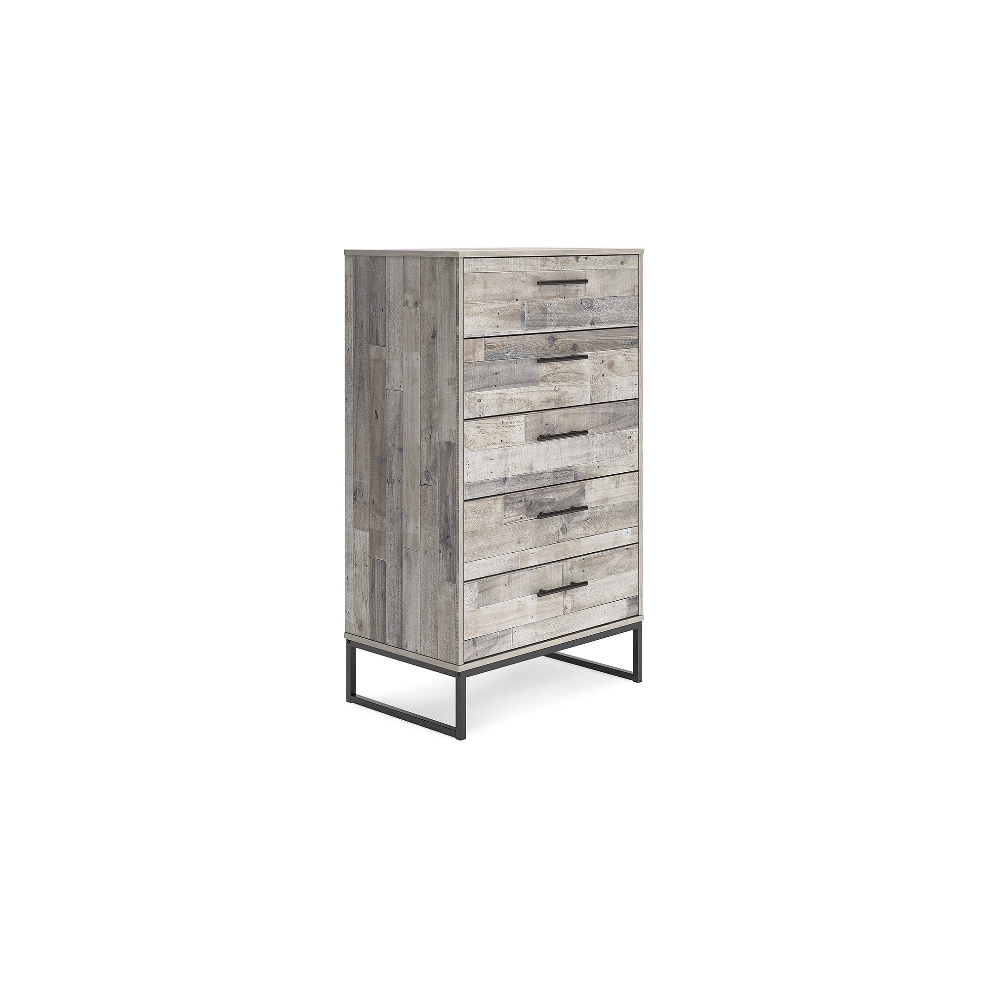 Transitional Whitewash Pine 5-Drawer Chest with Pewter-Tone Pulls