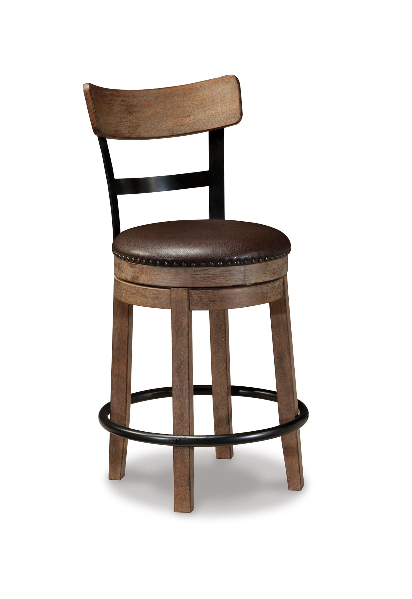 Signature Design by Ashley Pinnadel Swivel Counter Height Bar Stool, Light Brown, Upholstered Chair with Faux Leather Seat and Metal Footrest