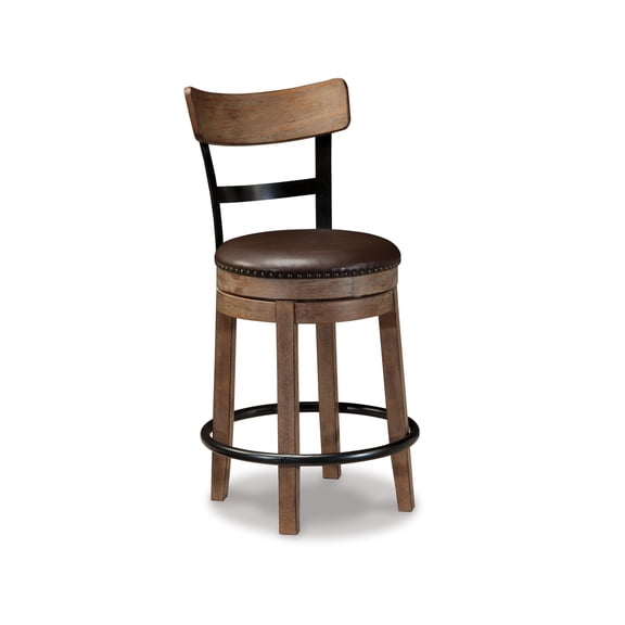 Signature Design by Ashley Pinnadel Swivel Counter Height Bar Stool, Light Brown, Upholstered Chair with Faux Leather Seat and Metal Footrest