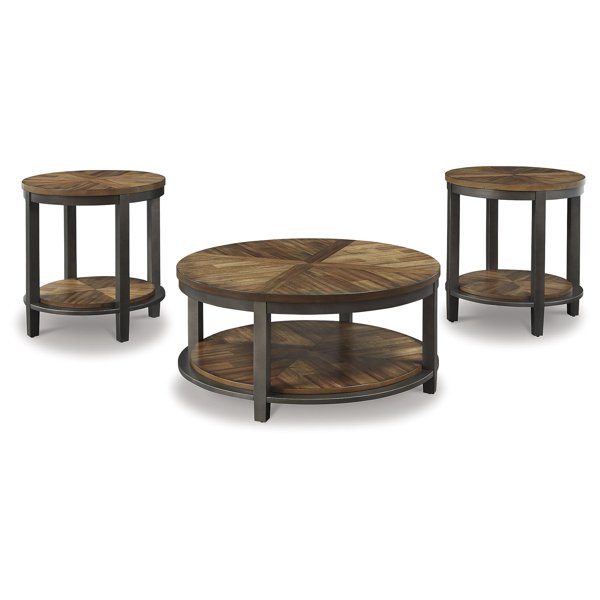 Modern Farmhouse Trio Round Coffee & End Tables in Brown Metal & Wood