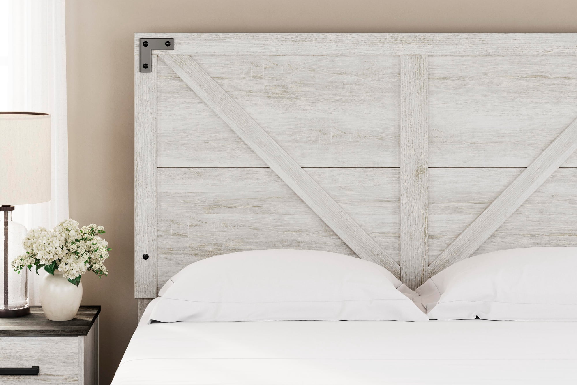 Signature Design by Ashley Shawburn Queen Crossbuck Panel Headboard, Whitewash, Farmhouse Wood-Look Headboard with Rustic Design