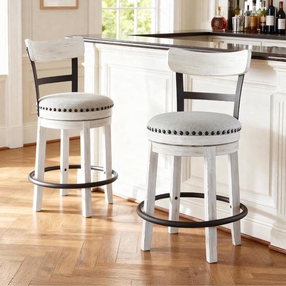 Signature Design by Ashley Valebeck Counter Height Swivel Barstool, Vintage White, Upholstered Linen Seat, 360 Swivel