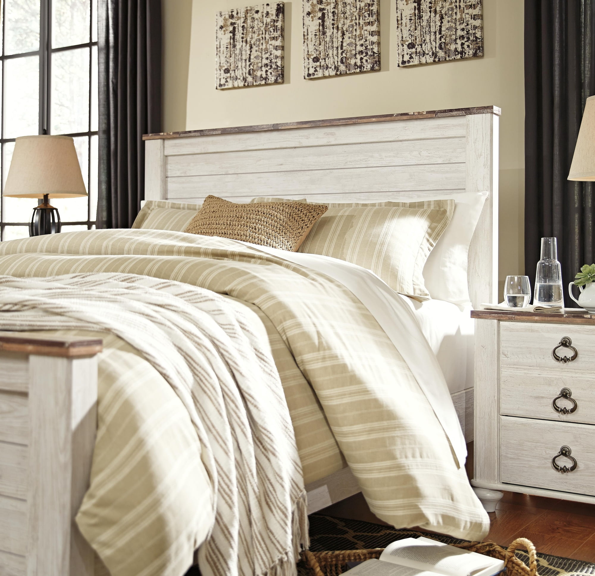Signature Design by Ashley Willowton Queen Panel Headboard, Whitewash, Coastal Wood-Look Headboard