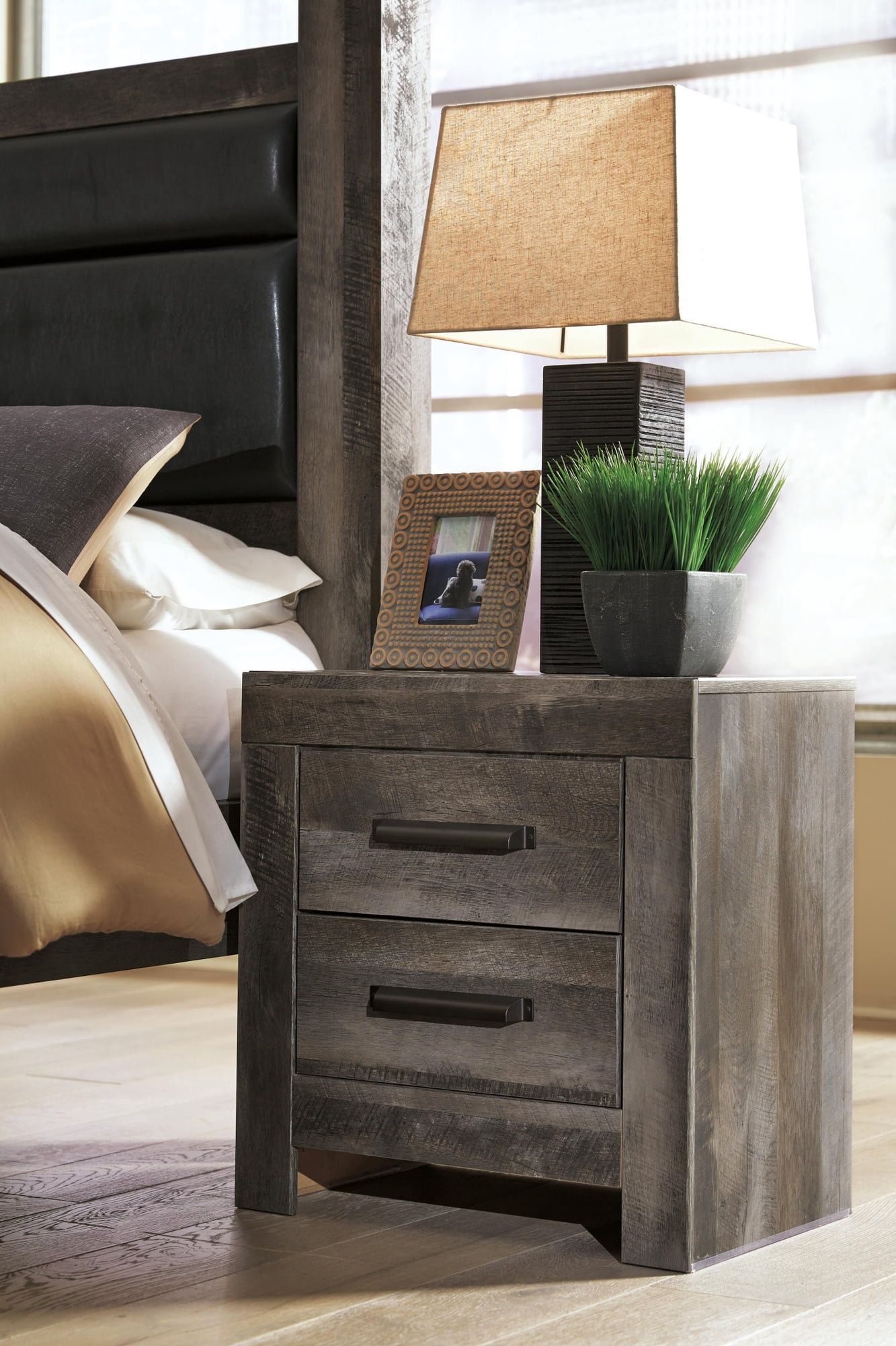 Signature Design by Ashley Wynnlow 2-Drawer Nightstand, Gray, Rustic Bedside Table with USB Charging Ports