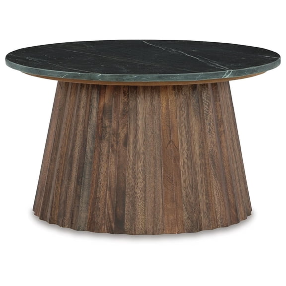 Signature Design by Ashley Ceilby Round Coffee Table with Marble Top, Black/Brown
