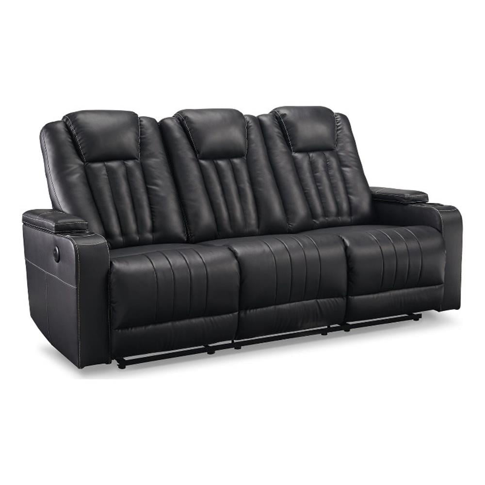 Black Faux Leather Manual Reclining Sofa with Cup Holder
