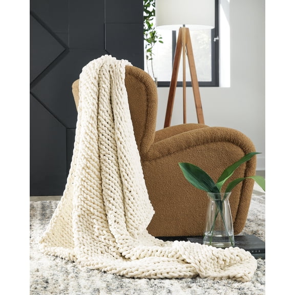 Signature Design by Ashley Chaddon Throw Blanket Set (Set of 3), Hand-Knitted Chenille Polyester, Ivory White