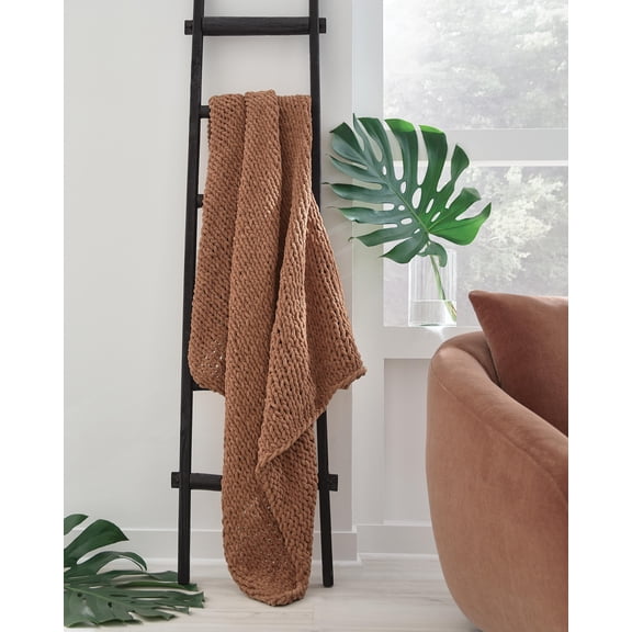 Signature Design by Ashley Chaddon Throw Blanket Set (Set of 3), Hand-Knitted Chenille Polyester, Sienna