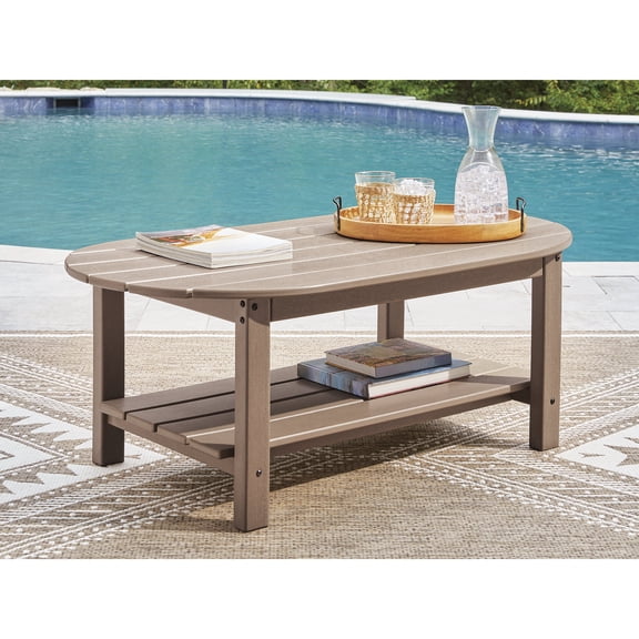 Signature Design by Ashley Cliffs Beach Oval Outdoor Coffee Table with Wood-Look HDPE Construction, Driftwood Brown