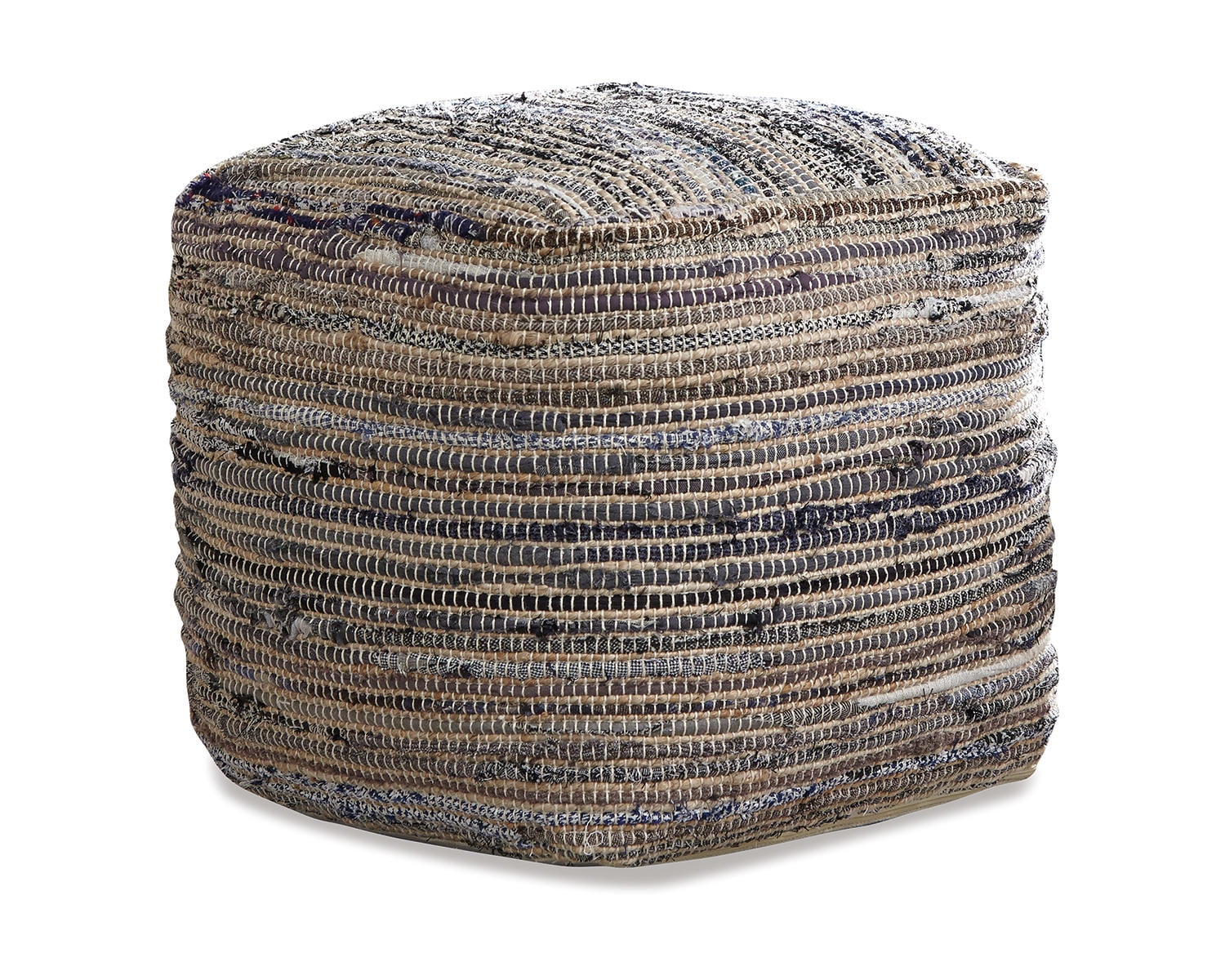 Contemporary Boho-Chic 16" Beige and Blue Square Pouf Ottoman