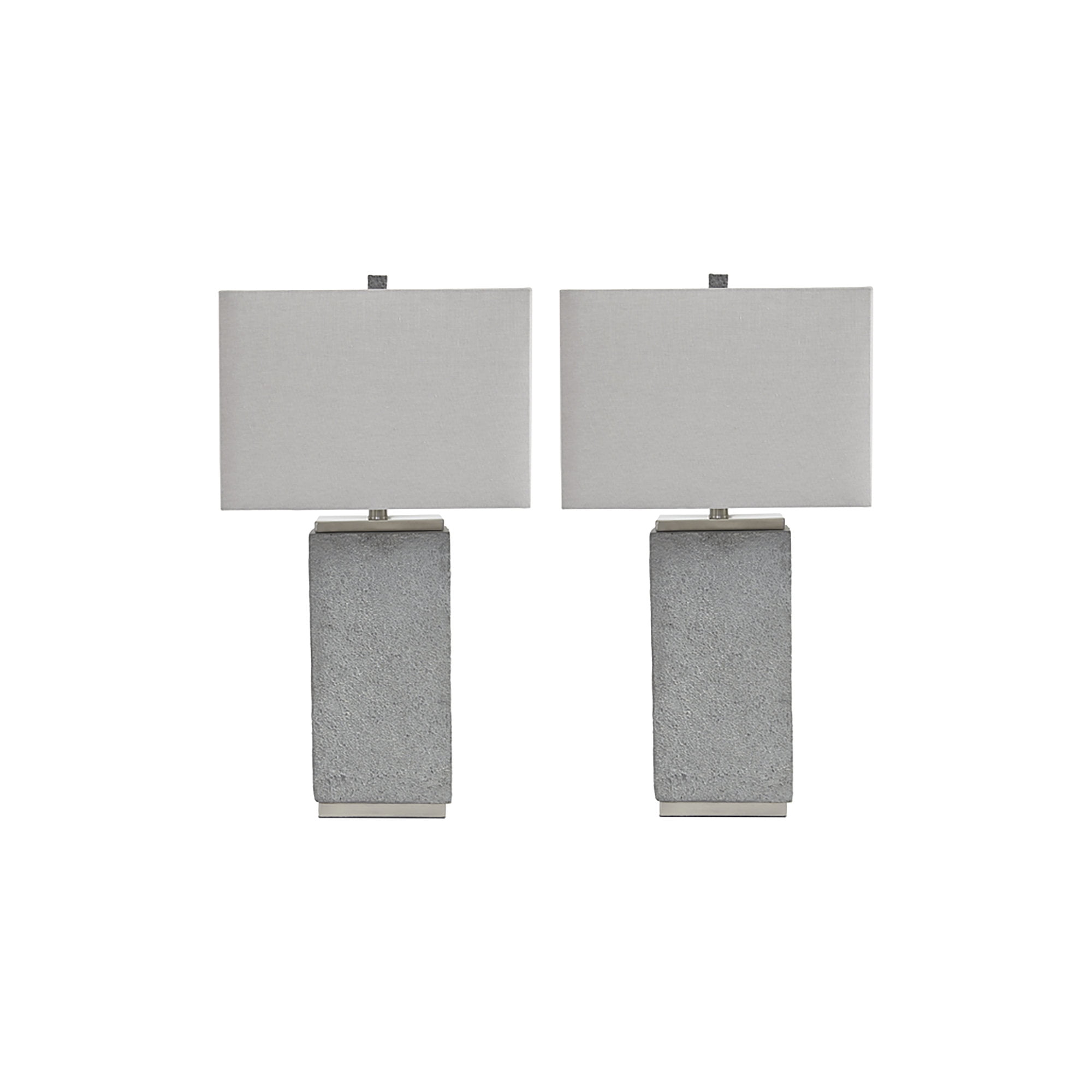 Gray Faux Concrete and Silver Table Lamp Set with White Fabric Shade
